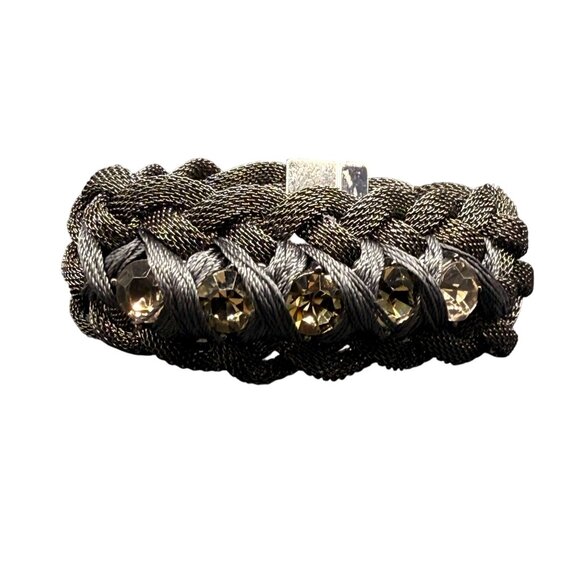 Banana Republic Faceted Crystal Black Mesh Chain Bangle Bracelet Silver Tone - Picture 2 of 6